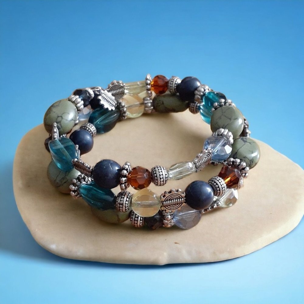 Mixed Media 3 Layer Memory Wire Bracelet Alternat… - image 2